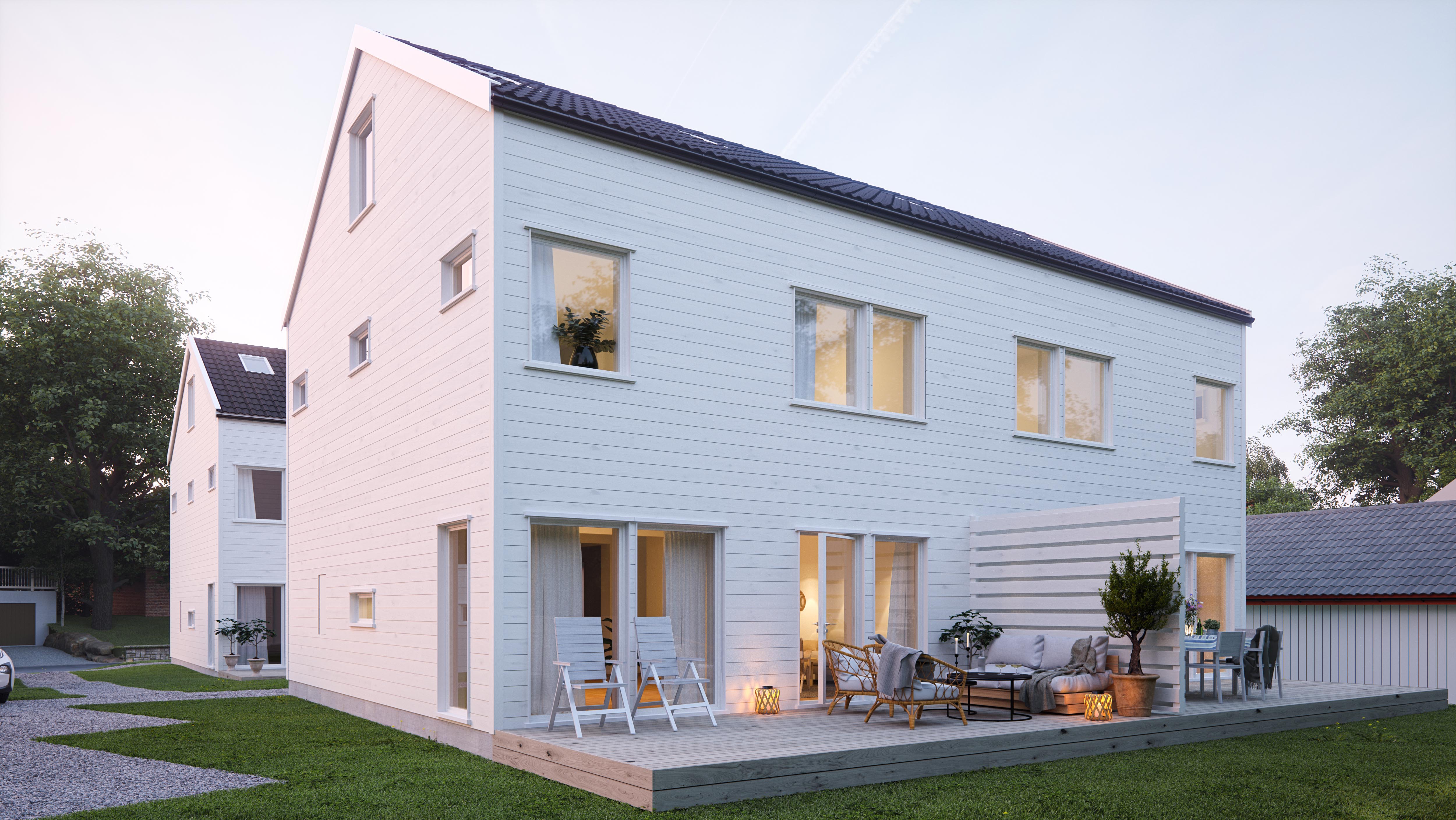3D-visualisering av vit villa i skandinavisk stil med altan och uteplats i skymningsljus