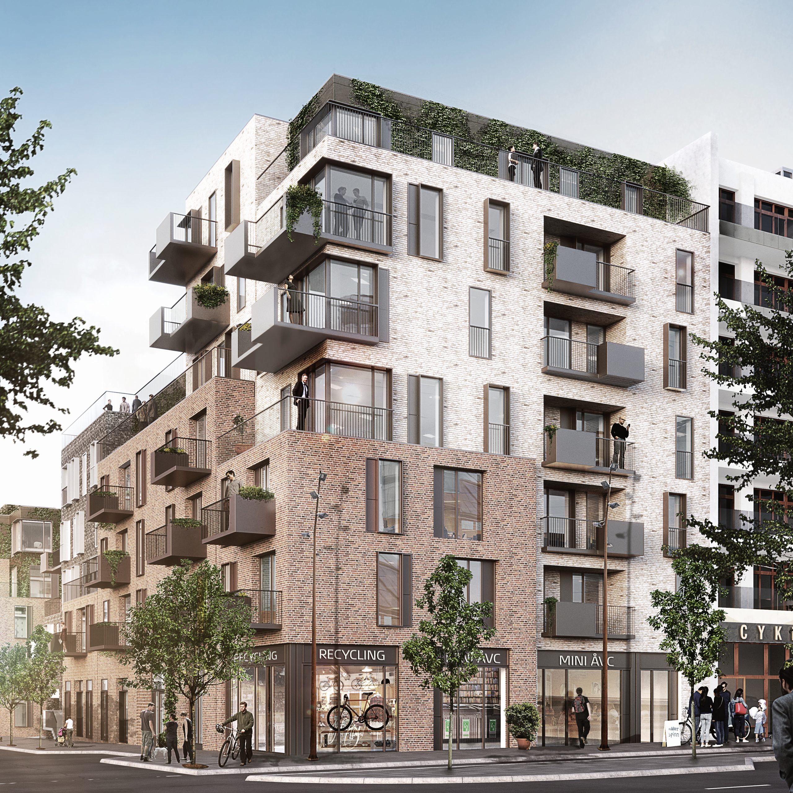 3D-visualisering av bostadshus i tegel med butikslokaler och gatuliv i hörnläge
