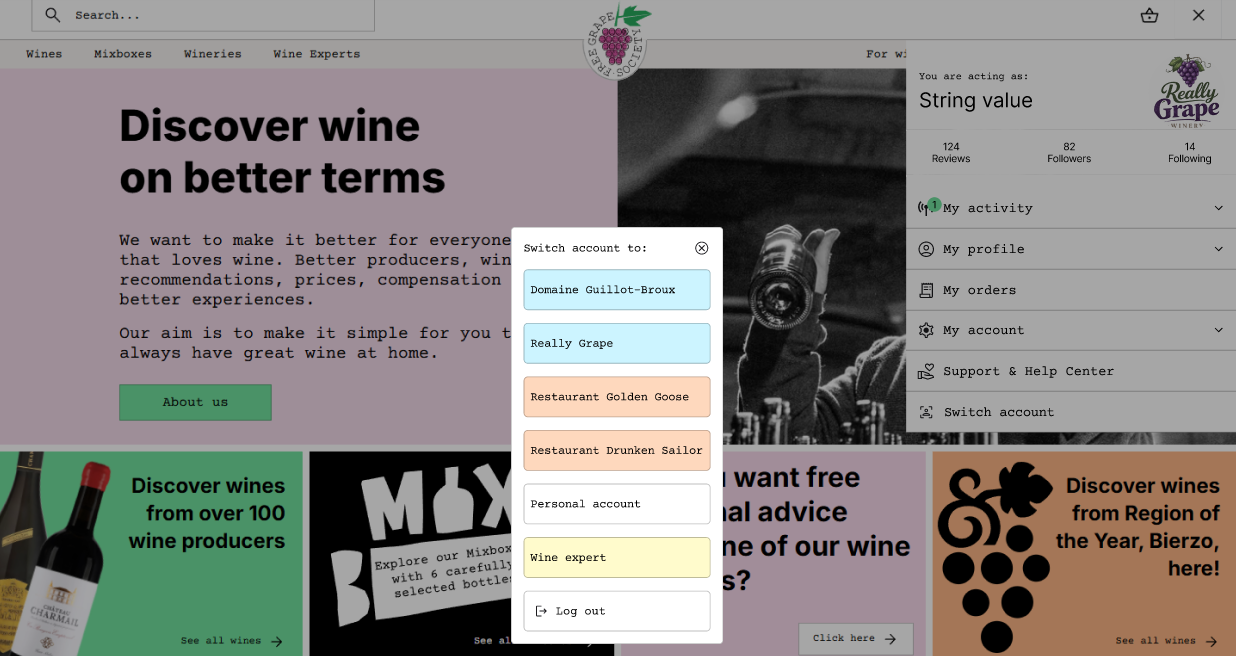 Modal role selector used to switch between different user roles in the dashboard, such as winery, restaurant, wine expert, and personal account.