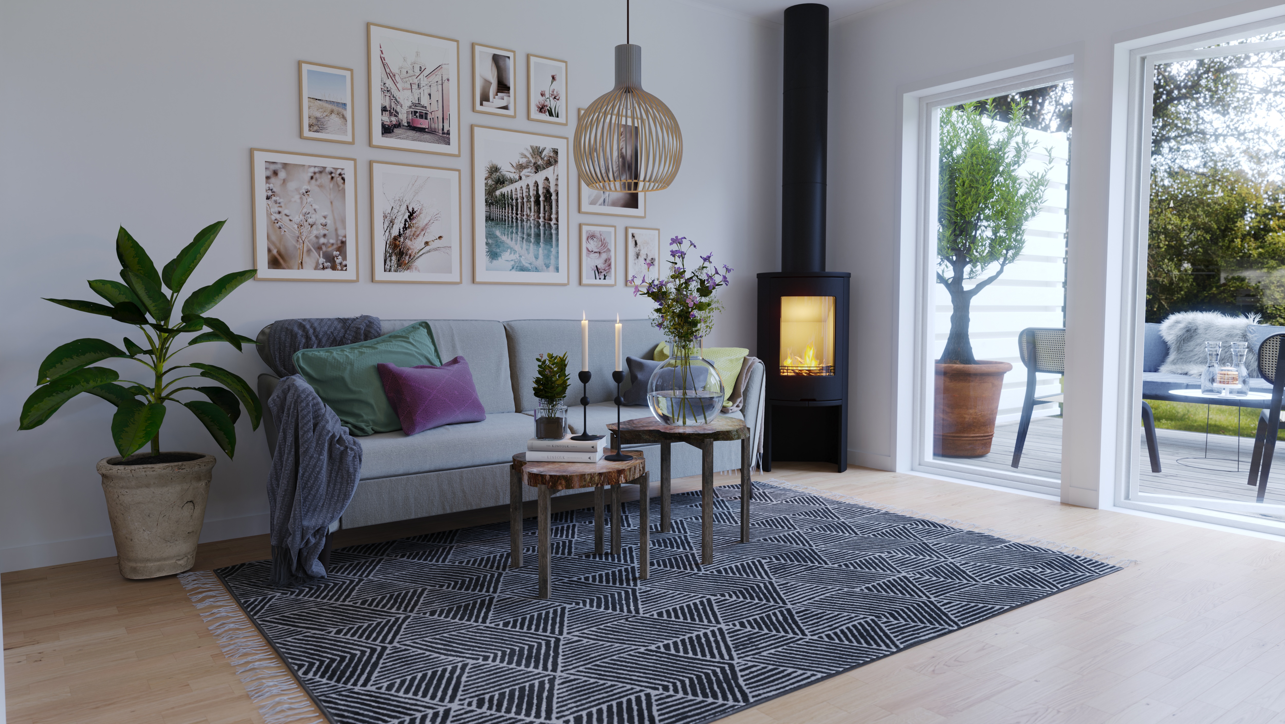 3D-visualisering av vardagsrum med soffa, braskamin och tavelvägg